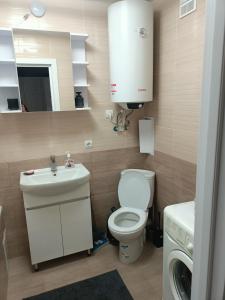 a bathroom with a toilet and a sink and a mirror at Центр,Апартаменти на Байди Вишневецького,97 in Cherkasy