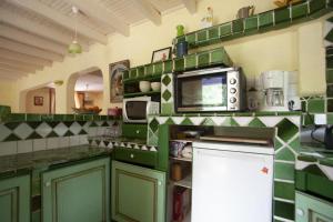 a kitchen with green cabinets and a microwave at Gîte au calme l'eclaircie in Régusse