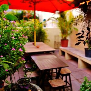 eine Terrasse mit Tischen und Bänken mit Pflanzen und einem Sonnenschirm in der Unterkunft Hostel Galeria 13 in Salvador