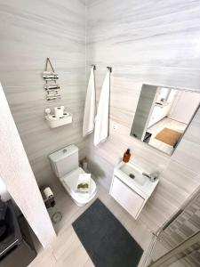 a bathroom with a toilet and a sink and a mirror at Casa da Calma - GUESTHOUSE in Alandroal +21 photos