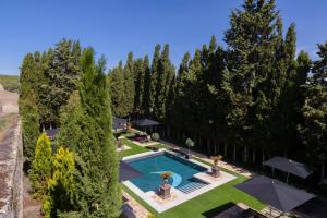 an overhead view of a pool in a garden with trees at La Casa del Presidente Small Luxury Hotels in Ávila