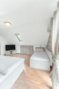 a bedroom with two beds and a flat screen tv at Casa Diana Confort in Avrig +47 photos