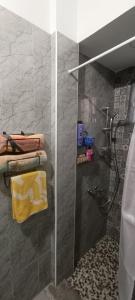 a bathroom with a shower with a sink and a towel at Cockpit in Le Kram