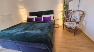 a bedroom with a bed with purple pillows and a chair at Radolfzell Bodensee in Radolfzell am Bodensee