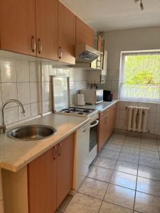 a kitchen with a sink and a stove top oven at Sweet Home in Ocna-Mureşului +8 photos