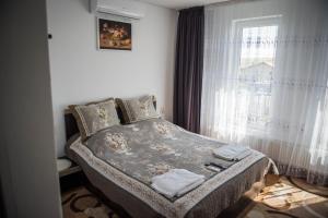 a bedroom with a large bed with a window at Casa Albă in Sănduleşti