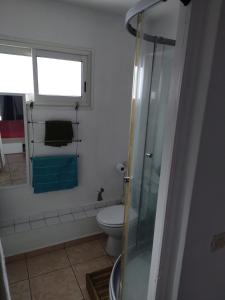 a bathroom with a toilet and a glass shower at Studio Les Avirons centre ville in Les Avirons +4 photos