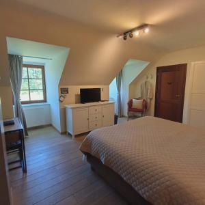 a bedroom with a bed and a desk and a television at B&B Madoli in Érezée