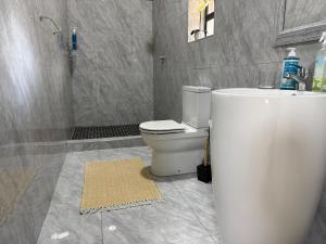 a bathroom with a white toilet and a shower at Angel Guest House in Maputo