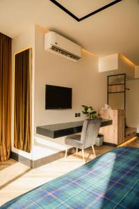 a living room with a television and a chair at City Hotel in Abbottabad