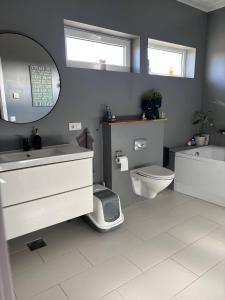 a bathroom with a toilet and a sink and a mirror at BergÁs in Njarðvík +21 photos