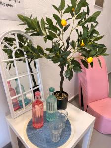 a table with two glass bottles and a tree on it at Open Tours in Ełk
