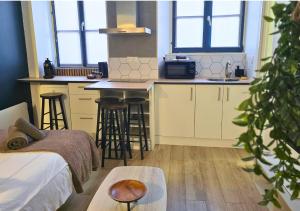 a room with a kitchen with a counter and a table at L'Evasion Zen au cœur de l'Alsace in Sélestat