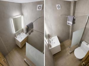 two pictures of a bathroom with a toilet and a sink at Ladario Studios in Sarti