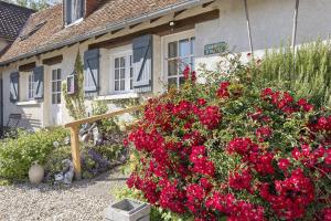 a garden with red flowers in front of a house at La Ferme Des Bigornes in Châtillon-sur-Indre
