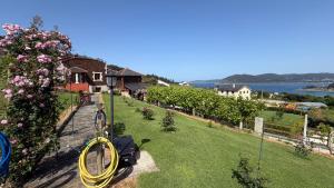a garden with a yellow hose on the grass at Casa do Lagar, Praia da Abrela in O Vicedo