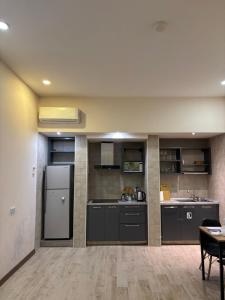 a kitchen with gray cabinets and a refrigerator at Dvali in Tbilisi City