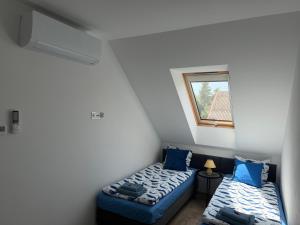 two beds in a small room with a window at Apartamenty Dana in Pustkowo