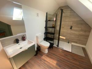 a bathroom with a toilet and a sink and a shower at The Dales in Marshside +29 photos
