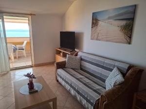 a living room with a couch and a tv at Apartments 3 Palms in Crikvenica