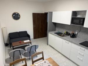 a kitchen with a couch and a table and chairs at Hajkova Apartment in Jáma František +4 photos