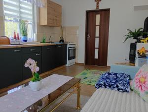 a kitchen with a couch and a table in a room at Noclegi u Franciszka in Trzebiesza