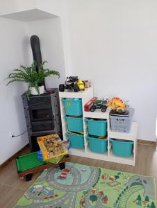 a living room with a toy stove and a rug at Noclegi u Franciszka in Trzebiesza