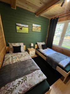 two beds in a room with green walls and windows at Leśny Zakątek - Mazury - Warmia - jezioro Dadaj in Ramsowo