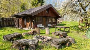 a log cabin with a fire pit in front of it at SRUB pod třešněmi - Cherry Trees Cabin in Vrchlabí