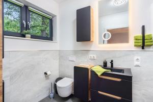 a small bathroom with a toilet and a sink at Schmidtsches Quartier in Oybin +21 photos