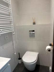 a white bathroom with a toilet and a sink at Jasmine Guest Room in Jauntīreļi