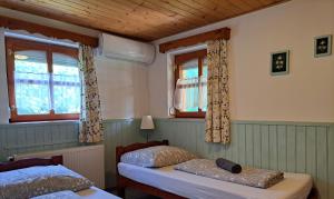 a bedroom with two beds and two windows at Diófa Vendégházak in Tiszafüred +42 photos