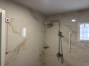 a bathroom with a shower with marble walls at HOSTAL GOLDEN 21*** in Madrid