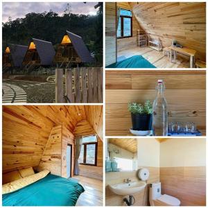 a collage of pictures of a cabin with a bed and a bathroom at Đồi Lát Homestay in Da Lat