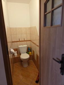 a bathroom with a toilet in a small room at Apartament blisko Świeradowa in Mirsk +1 photo