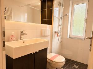 a bathroom with a sink and a toilet at Chalet Platzhirsch in Braunlage