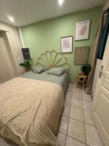 a bedroom with a bed in a room with green walls at Appartement hyper centre de Mons in Mons