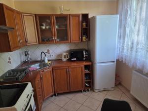 a kitchen with wooden cabinets and a white refrigerator at Apartament blisko Świeradowa in Mirsk