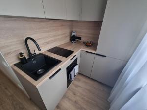 a small kitchen with a sink and a counter at Hubane korter Paalalinnas in Viljandi