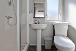 a bathroom with a toilet and a sink and a shower at Lovely 3 bedroom holiday home in Seton Sand caravan park Wi-Fi Xbox in Edinburgh +16 photos
