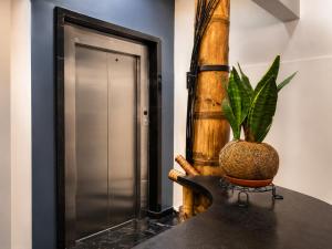 a plant in a vase sitting on a table next to a elevator at Zen Hotel Boutique in Bogotá