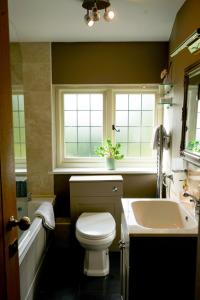 a bathroom with a toilet and a sink and a window at Edwardian Cottage in beautiful surroundings with hot tub in Slinfold