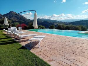 a swimming pool with chairs and umbrellas next to a pool at Agriturismo B&B Casteldoria in Santa Maria