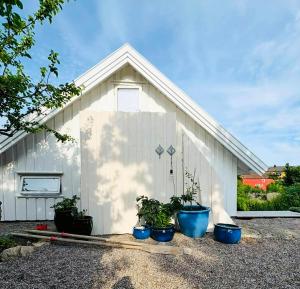 a white building with four blue pots in front of it at Family Cabin With A View in Mandal