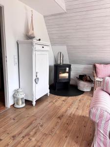 a living room with a couch and a fireplace at Ferienhaus Wittensee in Bünsdorf