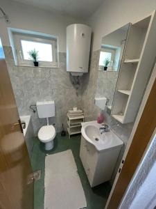 a bathroom with a sink and a toilet and a mirror at Apartment Mila in Plitvička Jezera +48 photos
