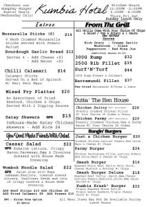 a page ofrittenrittenrittenritten pages of a menu for a restaurant at The Kumbia Hotel in Kumbia
