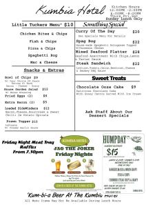 a page of a menu for a restaurant at The Kumbia Hotel in Kumbia +2 photos