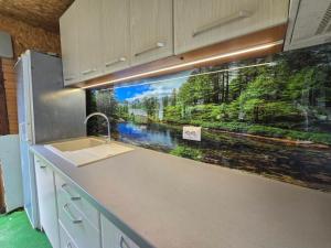 a kitchen with a painting of a river on the wall at Кампинг Петлето in Sokolovtsi