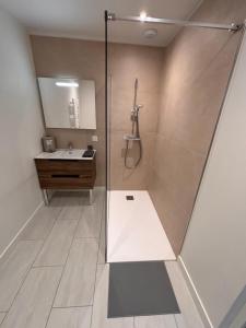 a bathroom with a shower and a sink at Résidence la Plage in La Bourboule +25 photos